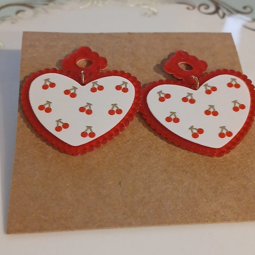109- Laser Cut Acrylic Dangle Earrings- Red And White Cherry Hearts - Picture 5 of 5